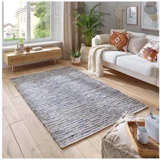 TaraCarpet Wollteppich TaraCarpet Neidenfels handgewebter Schurwollteppich mit schwarzer, rechteckig, Höhe: 9 mm, gewalkt Schurwoll-Teppich blau Wohnzimmer Schlafzimmer 130x190 blau 130 cm x 190 cm x 9 mm