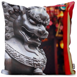 Kissenbezug, VOID (1 Stück), Chinesischer Löwe Statue Deko China chinese china löwe steine asiatis bunt 60 cm x 60 cm