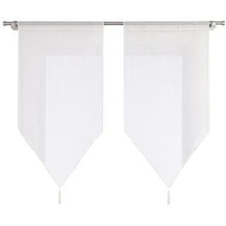 Joyswahl Scheibengardine Sophie Längsstreifen Kurzstore mit Quasten im klassischen Design (2 St), Stangendurchzug, transparent, Voile, Spitzer Abschluss, lichtdurchlässig für Küche und Esszimmer weiß 45 cm x 90 cm