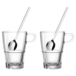 LEONARDO Latte-Macchiato-Glas Geschenk-Set 4tlg. SENSO, Transparent, Ø 8,5 cm, Edelstahl, Glas, mit Henkel und 2 Löffel weiß