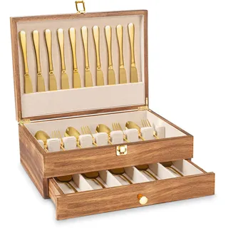 Yoimori Besteck-Aufbewahrungsbox, 2-lagiger Besteck-Aufbewahrungskoffer mit Schublade, Holz-Bestecktruhe mit Leineneinsatz, rustikaler Besteckkoffer zur Aufbewahrung von feinem Besteck und Utensilien