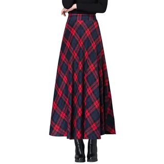 Damen Lang Rock Elegant Maxi Winterrock Plaid Warm Wollrock Hohe Taille Karierter röcke Herbst Elastische Taille Vintage A Linie Casual Midi Faltenrock E Red M - M
