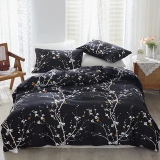 Nyescasa Bettwäsche 200x200 3 Teilig Schwarz Blumen Botanisch Muster Bettwäsche-Set Blume Zweig Design Wendebettwäsche Weiche Mikrofaser Bettbezug mit Reißverschluss und 2 Kissenbezug 80x80cm