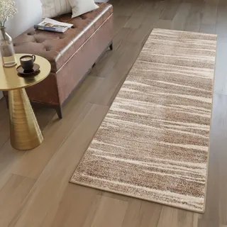 TAPISO Sari Teppich Läufer Flur Meterware Dunkelbeige Braun Gestreift Kurzflor Küche Wohnzimmer Brücke nach Maß Küchenläufer ÖKOTEX 80 x 200 cm