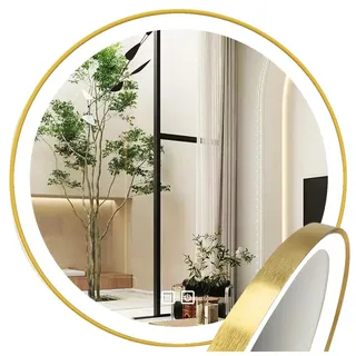 Badezimmer-Wandspiegel rund 80 cm LED beleuchtet mit RAHMEN GOLD ANTI-FOG 3 Lichtfarben Spiegel mit Farb- und Helligkeitseinstellung – Speicher für Einstellungen – IP44 – Groß Modern für Badezimmer