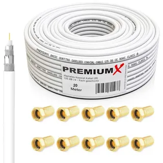 Premium X PremiumX 20m BASIC Koaxialkabel 135dB 4-fach SAT Antennenkabel Koax-Kabel DVB-S / S2 DVB-C und DVB-T BK Anlagen 10x F-Stecker