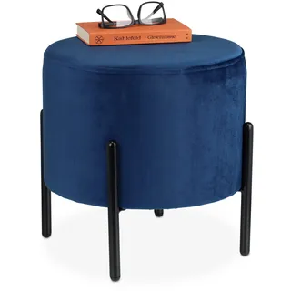 Relaxdays Samthocker, runder Sitzhocker, gepolstert, Schwarze Metallbeine, H x D: 38,5 x 40,5 cm, Hocker Samt, blau
