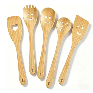 Lustige Holzlöffel mit Gesicht Motiv – Witzige Holz Kochutensilien Set Bio-Bambus Smiley Kochlöffel Pfannenwender Niedliche Smile Küchenhelfer Kochset Herz Geschenke für Frauen oder Männer