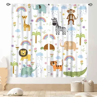 Baby Jungen Safari Tiere Vorhänge, Wald Dschungel Wildtiere Wald Löwe Elefant Cartoon Tiere Regenbogen Gedruckte Fenstervorhänge Behandlungen für Kinder Mädchen Jungen Wohnzimmer Schlafzimmer 2