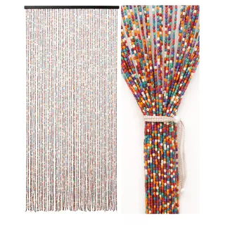 Ezcasch 90x190cm Perlenvorhang Türvorhang als Balkontür Dekoration 52 Stränge Bohemian-Stil Bambusvorhang Handarbeit aus Holzperlen für Fenster/Zimmer, Bunt Regenbogen