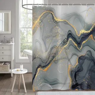 Hnmdmyi Duschvorhang Marmor 90x180, Grau und Gold Glitzer Duschvorhänge Abstrakt Riss Tinte Textur Modern Luxus Kunst Badewanne Vorhang Wasserdicht Polyester Stoff Waschbar Badevorhang mit Haken