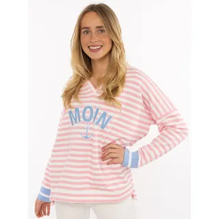Hoodie ZWILLINGSHERZ "Streifen Moin", Damen, Gr. L/XL, rosa, Sweatware, Obermaterial: 50% Baumwolle, 50% Polyester, comfort fit Po-bedeckend, V-Ausschnitt, angesetztes Bündchen, Sweatshirts Hoodie, V-Neck, gestreift, Stickerei mit Anker, gestreifte Bündchen