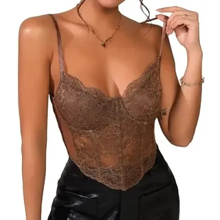 Haibang Damen Crop Top Spitze Sexy Spaghetti Bauchfrei Oberteile V-Ausschnitt Bralette Spitzen Corset Korsett Slim Fit Camisole Spitzentop Sommer Cami Tank Top - M