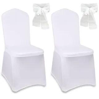 WZYTEU 2 Stück Stuhlhussen Weiss, Stuhlhussen Hochzeit mit 2 Weiß Schleifen, Stretch stuhlschleifen für Hochzeit, Party, Hotel, Restaurant