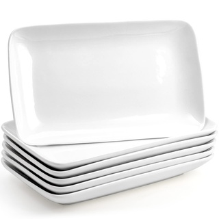 Foraineam Rechteckige Salatteller, 25,4 cm, weißes Porzellan, Dessertteller-Set, spülmaschinen- und ofenfest, Servierplatten für Sushi, Pasta, Obst, 6 Stück