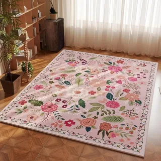 ARRITS Teppich Schlafzimmer 100x120 cm Rosa, Weicher Vintage Boho Blumen Teppich Teppich rutschfest Waschbar Rechteckiger Kurzflor Teppich, Bettvorleger Teppich Wohnzimmer Kinderzimmer Home Deko