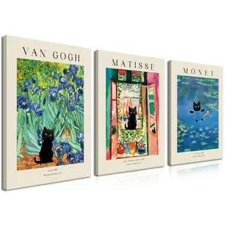 Monet Wandkunst-Set, Van Gogh schwarze Katze, Blumenfeld, Leinwandbilder, Drucke, Matisse, abstrakte schwarze Katze, ästhetische Bilder für Zimmer, Schlafzimmer, Wohnzimmer, Badezimmer, 30,5 x 40,6 cm