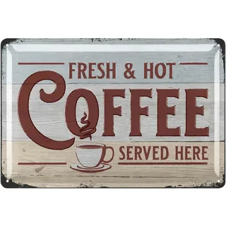 LANOLU Blechschild Kaffee retro - COFFEE Schild SERVED HERE - Küchen Deko vintage Geschenk für die Coffee Bar - Dekoration Küche und retro Diner Deko in Holz Optik - Metallschild, 20x30 cm