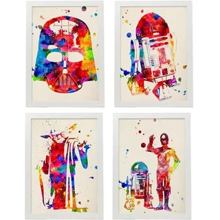 POSTER Set mit 4 Star Wars Film Darth Vader, Yoda, R2D2 und C3PO A4 Weißer Rahmen