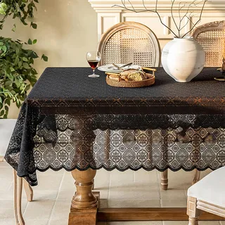 auons Vintage Schwarze Spitze Rechteck Tischdecke, Elegante Boho bestickte Tischdecke Hohle Spitze Overlay Tischdecken für Halloween Hochzeit Tee Party Dekor, 140 x 300 cm