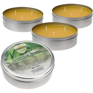 Citronella 3-Docht Kerze mit Deckel 11 cm, 4 Stück | Duftlicht mit Zitronen Aroma, Für Garten Balkon Camping Bistro, 45 Std. Brenndauer