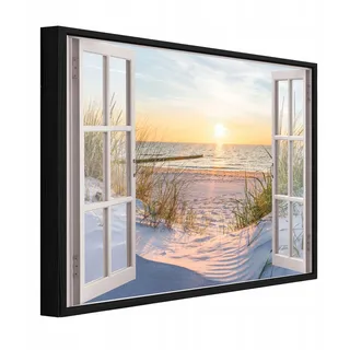 Gerahmtes Leinwandbild Mit Schwarzem Rahmen, 3d-fenster Zu Strand Und Meer Für Wohnzimmer Und Schlafzimmer, Hochauflösender Druck, 120 X 80 Cm