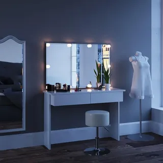 Vicco Schminktisch Azur, Weiß, 120 cm mit LED Beleuchtung, Zwei leichtgängige Schubladen – Paletten, Pinsel & Schmuck sofort Sortiert