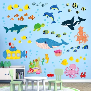 DECOWALL DS9-2014 Unter dem Meer Wandaufkleber Wandtattoo Fisch Ozean Fische Seetang Wandsticker Abnehmbar für Kinder Kinderzimmer Babyzimmer Schlafzimmer Wohnzimmer Badezimmer Wanddeko