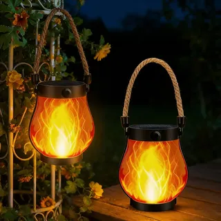 GOMETY 2 Stück Solarlaterne für Außen, Solar Laternen für Draußen Tanzende Flammen LED Rund Stehend Wasserdicht Solarlampe mit Hanfseil Hängend Outdoor Laterne Wetterfest für Balkon Terrassen Hof Deko