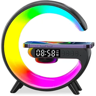 Nachttischlampe mit Ladefunktion und Wecker 5 W Uhr mit Ladestation Handy | 10 Lichtfarbe Wecker mit Ladestation und Licht Wecker und Ladestation für Handy mit Bluetooth Dimmbar G Lampen (Schwarz)