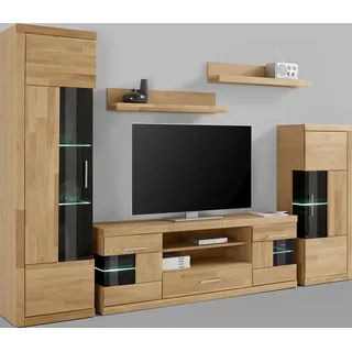 OTTO home Wohnwand OTTO HOME "Ribe Wohnwand Set-5 St.", braun (eiche teilmassiv), B:260cm H:180cm T:35cm, Holz teilmassiv, Kastenmöbel-Sets, Wohnwand, Glaseinsatz aus gehärtetem Glas,Böden teilweise versetzbar