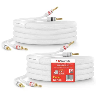 Nakamichi 24K vergoldeter Bananenstecker mit Lautsprecherkabel, 99,9% sauerstofffreies Kupfer (OFC), robustes geflochtenes Kabel, CL2-zertifiziert - Weiß (12AWG / 10 Fuß / 3,0 Meter) 2er-Pack