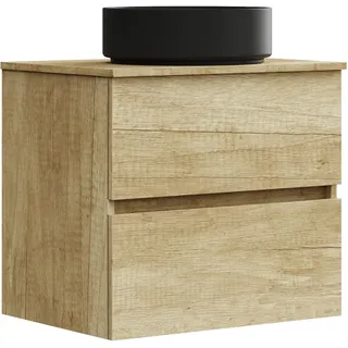 Baikal Badezimmerschrank Onyx Black, 2 Schubladen, hängend an der Wand, mit Keramikwaschbecken in Mattschwarz, Melamin 16 mm, montiertes Waschbecken, rund, ohne Spiegel, 70 cm Nature