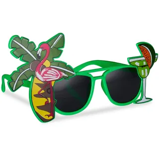 Relaxdays Partybrille Hawaii, lustige Sonnenbrille mit Palme u. Cocktail, Gagbrille Flamingo, Spaßbrille Karneval, grün