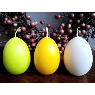 meytrade Osterkranz Eikerze Osterkerzen 3er Set weiß, grün, gelb Tischdeko Ostern, 3 Kerzen in Eiform mit langer Brenndauer - bis zu 7 Stunden bunt