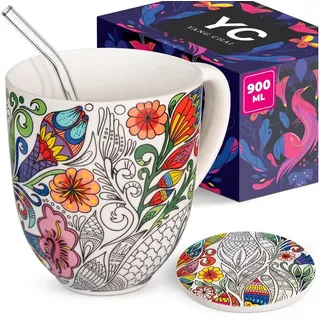 Yang Chai Tasse 900ml, Knochenporzellan, Jumbotasse Geschenkset mit Untersetzer - Teetasse Groß - YC Nature