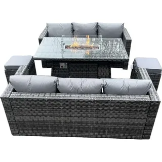 Outdoor pe Rattan Gartenmöbel Gas Feuer Grube Esstisch Lounge Sofa 2 Piece Fußhocker Dunkelgrau gemischte Terrasse - Fimous