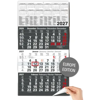 TOBJA® 3 Monatskalender 2027 Wandkalender Europe Edition - Anthrazit, EU Feiertage, FSC | 4-sprachig EN/FR/DE/NL | Für internationale Teams & EU-Filialen | Großformat 56x30 cm (gefalzt!)
