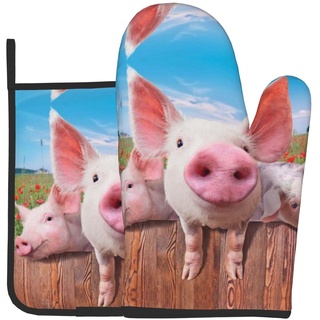 Lustiges süßes Schwein-Ofenhandschuhe und Topflappen, 2-teiliges Set für Küche, Kochen, bedruckt, dicke Baumwolle, hitzebeständig, rutschfest