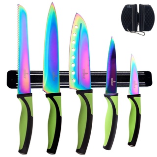 SiliSlick Messerset, 5 Scharfe Küchenmesser als Set | Titanbeschichtung mit Regenbogeneffekt, Inklusive Magnetleiste für Messer und Messerschärfer (Grüner Griff | Schwarze Leiste)