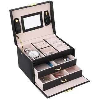 Schmuckschatulle, 3 Ebenen, Schmuckkästchen mit 2 Schubladen und Spiegel, PU-Leder + Eisen + Stoff, Aufbewahrungsbox für Uhren und Schmuck (schwarz)