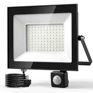 100W LED Strahler mit Bewegungsmelder Außen,6500K Kaltweiß Scheinwerfer mit Stecker & 145cm Kabel,10000LM Superhell LED Außenstrahler,IP66 Wasserdicht Aussenstrahler,Fluter für Garten Hof Garage
