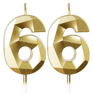 Gold 66. Geburtstagskerzen, 66. Geburtstagsdekorationen für Frauen und Männlich, 3D-Zahl-66-Kerze für Kuchen, Goldene Kuchendekorationen für Geburtstagsfeiern und Hochzeiten Zubehör