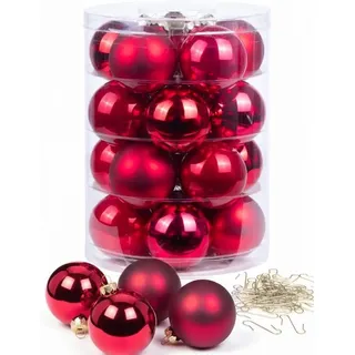 INGE-GLAS Inge Glas Weihnachtskugeln mit Haken | Schöne Christbaumkugeln aus Glas | Set 20 Kugeln und 40 Aufhänger | Christbaumschmuck Weihnachtsbaumkugeln (Ruby Red | rot)