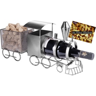 BRUBAKER Weinflaschenhalter Lokomotive mit Korkenbox, (inklusive Grußkarte), Metall Skulptur, Wein Geschenk, Flaschenhalter, Weinhalter silberfarben