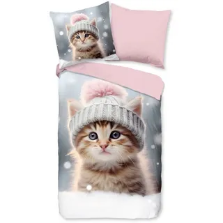 good morning Kinderbettwäsche Patt, Biber, Flanell, 2 teilig, Flanell, Biber, 135x200, Warm, Wende, Kind, Mädchen, Katze, Rosa, Grau grau|rosa