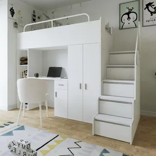 Marlux-Meble Hochbett Kinderbett JSM-4 80x190 mit Kleiderschrank Schreibtisch und Treppe Matt Kinderbetten Funktionsbett Etagenbett Stockbett Kinderhochbett Jugendhochbett (Weiß Matt)
