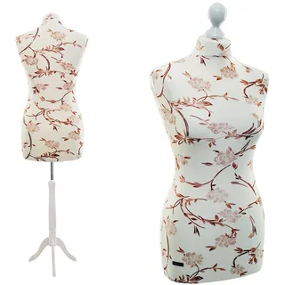 Schneiderpuppe LUCCESI / Größen S - XL (Female) / Torso Size: L/XL (42-44) / Wechselbezug Creme-Weiss/florales Muster (braun) / Standfuss Weiss / Damen - Schaufensterpuppe