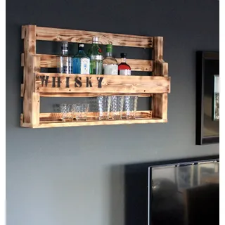 Dekorie Whisky Regal aus Holz - mit Gläserhalter und Whisky Schriftzug - Geflammt - Industrie Stil - fertig montiert - Wandbar fürs Esszimmer 90 x 50 x 15 cm