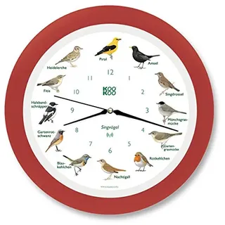 KOOKOO Singvögel Erdbeer-rot, Die Singende Vogeluhr, mit 12 heimischen Singvögeln und echten, natürlichen Vogelstimmen, mit RC Funkquarzwerk